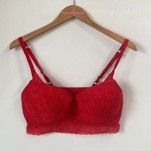 (A55) Victorias Secret PINK Lace Padded Push Up Bralette Bra Red, Sz L DD)/G(DD) - Picture 10 of 10